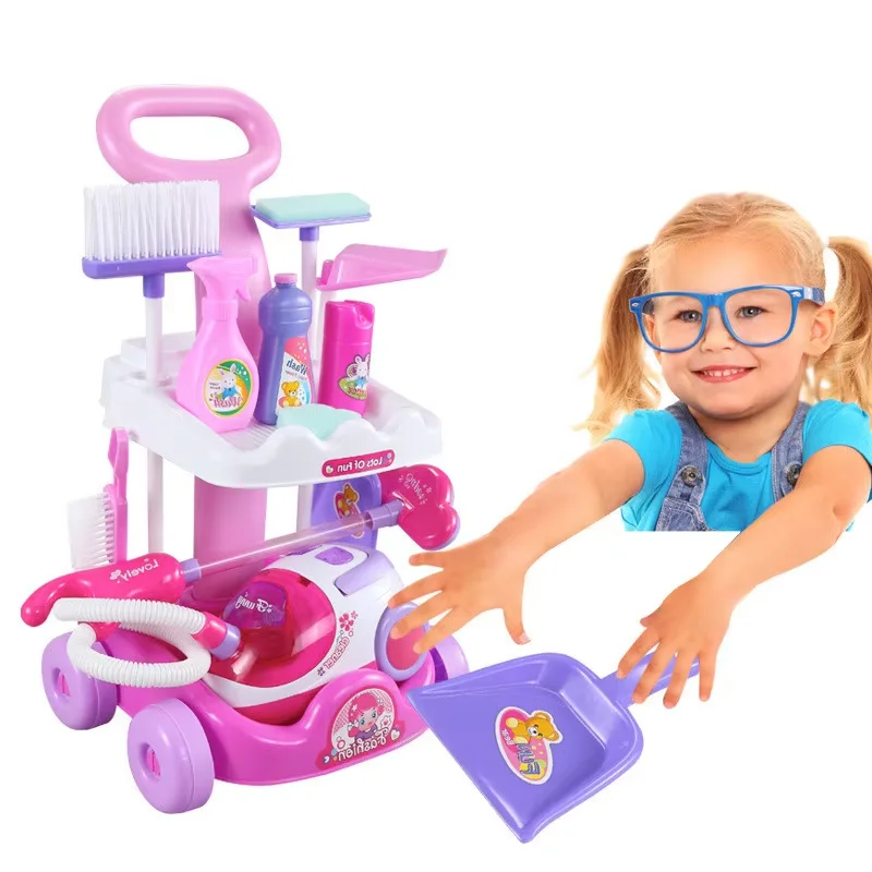 2024 educational toys simulation vacuum cleaning trolley toy cart housekeeping cleaning set toy for kids