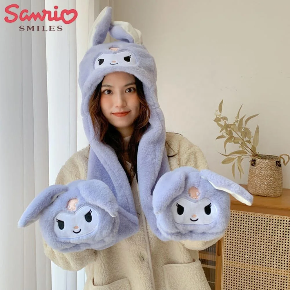 Sanrio Kuromi плюшевая шапка шарф и перчатки комплект утепленные милые теплые зимние каваи Cinnamoroll для подруг аниме