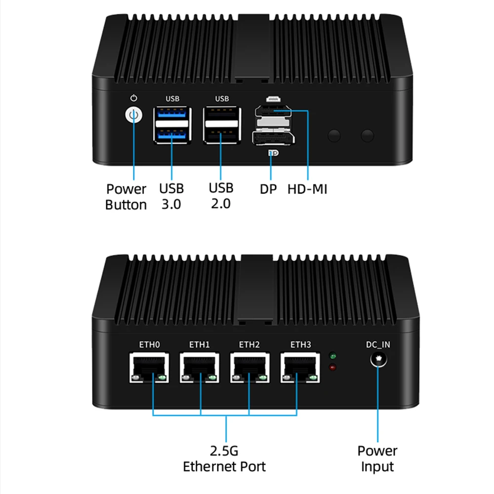 HelorPC Intel N100 Mini PC DDR5 RAM 2.5G Ethernet LAN HD DP Fanless Computer Firewall Linux Router