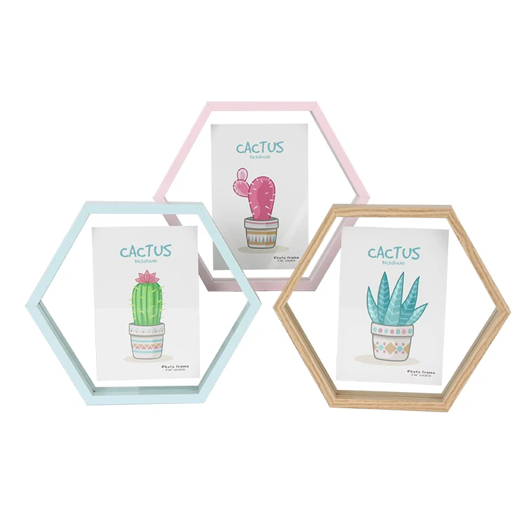 Jinn Home Decor Wooden  Frame + Hexagon Photo Frame With 2 PCS Glass in Cactus Picture