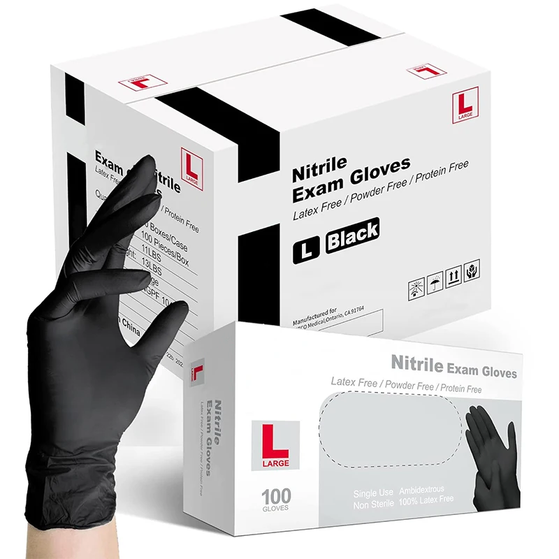 Medical Grade Non-Sterile Black Disposable Textured Nitrile Exam Gloves Powder Free Latex Free