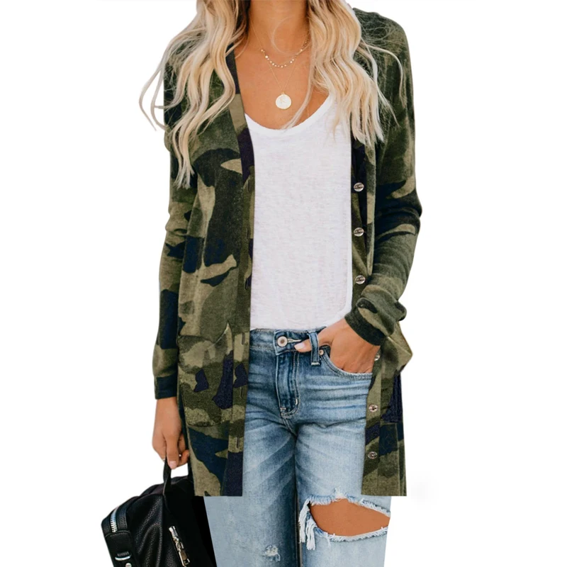 
Wholesale Fashion Knitted Button Down Pocketed Leopard Print Long Sleeve Women Cardigan Sweater 