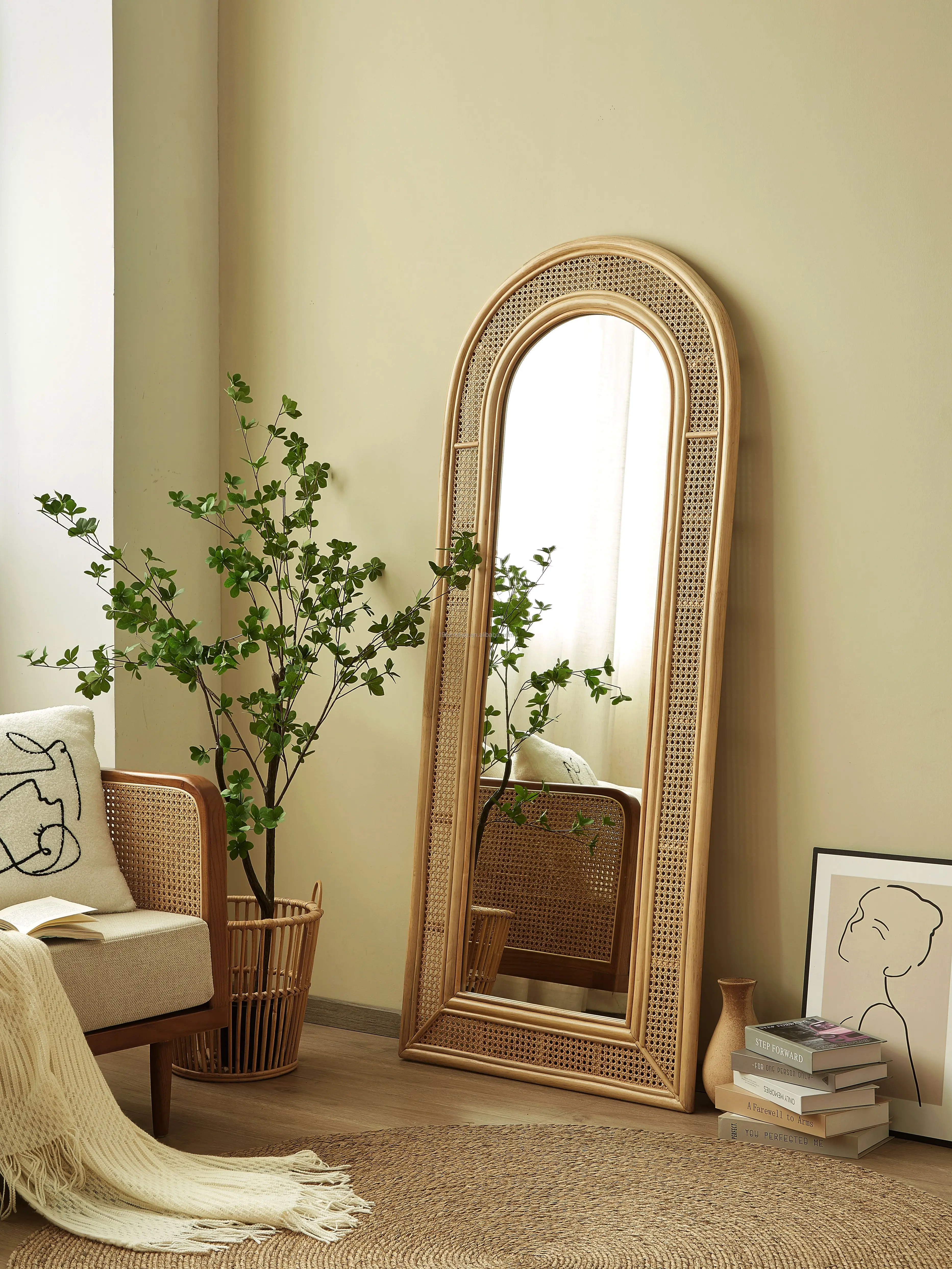 Rattan Dressing Whole Body Floor Shaped Mirror Homestay Home Living Room Bedroom Decoration Mirror