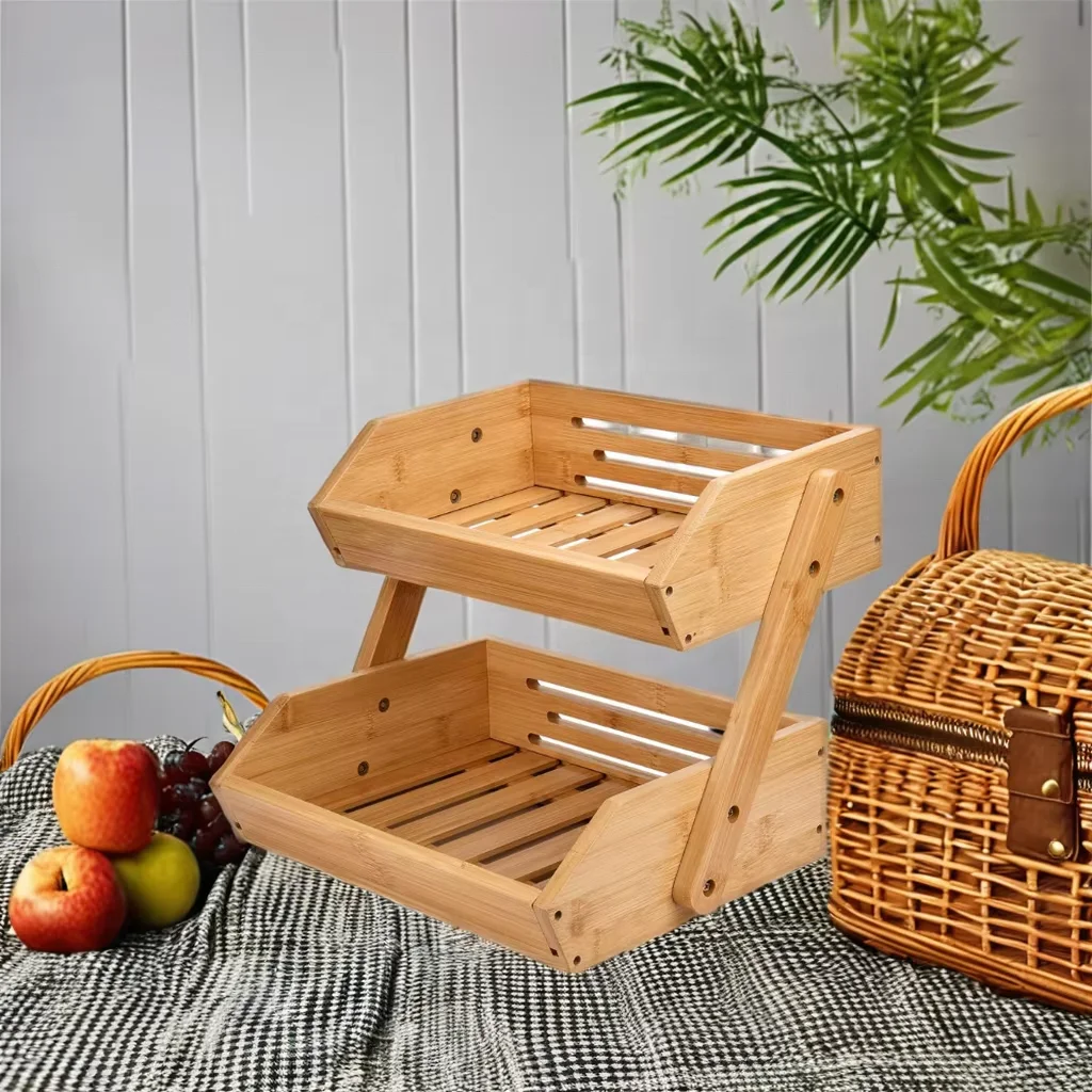 Large Bamboo Fruit Basket 2-Tier Fruit stand storage holder  fruit bowl for Kitchen Counter Kitchen Countertop Organizer