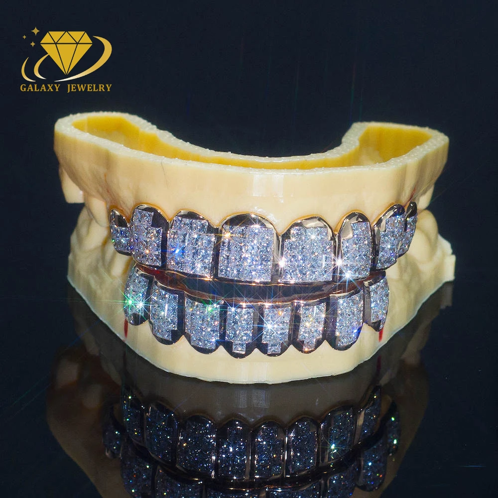 Hip Hop Iced Out Diamond Princess Cut Moissanite Grillz 10K 14K 18K Gold 925 Silver Invisible Custom Teeth Grillz