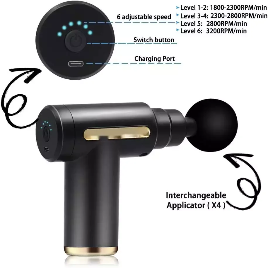 Phenitech Handheld Mini Massage Gun Deep Tissue 6 Speeds Cordless Handheld Muscle Massager with 4 Heads Christmas Gifts