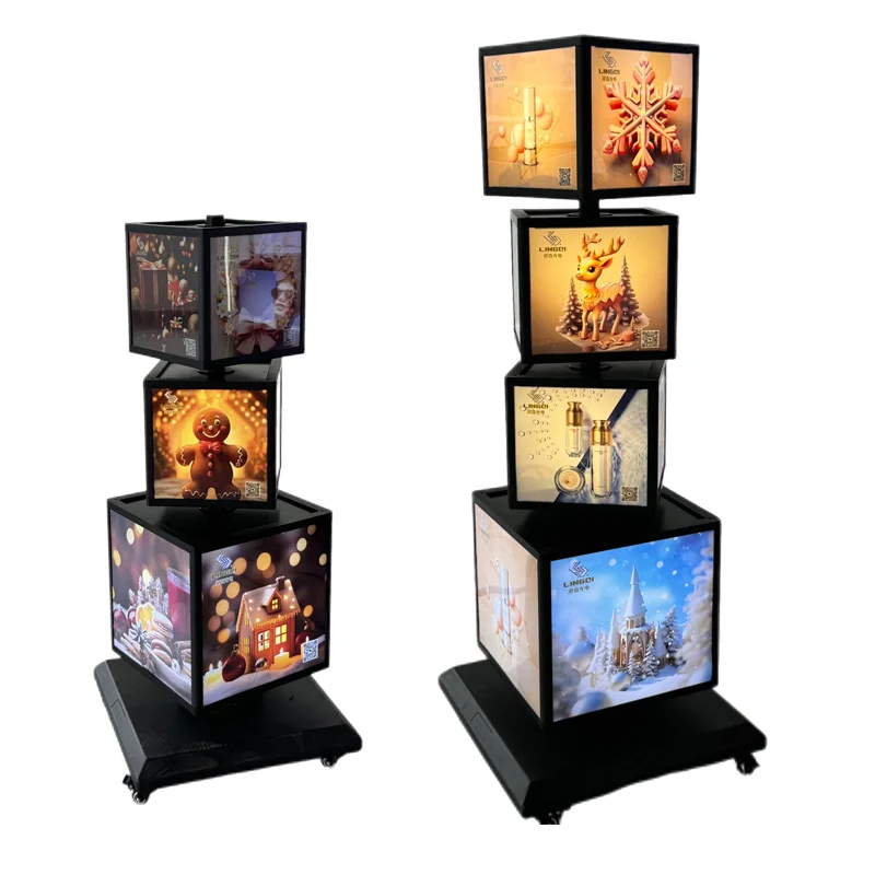 Lingqi Exhibition vertical rotary LED light box 4 sided cube display for outdoor advertising and shop decoration