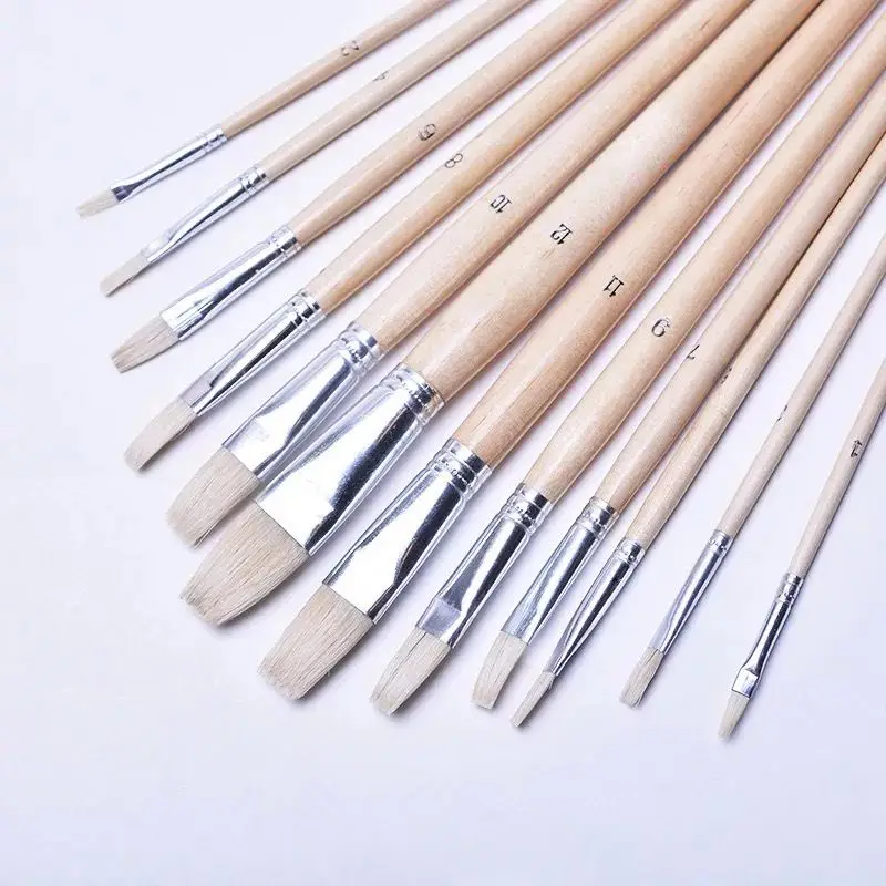 Hot Sale Flat nylon Hair Oil Acrylic Art Brush , 12pcs various size Painting Brush Set For Oil Acrylic Watercolor Painting