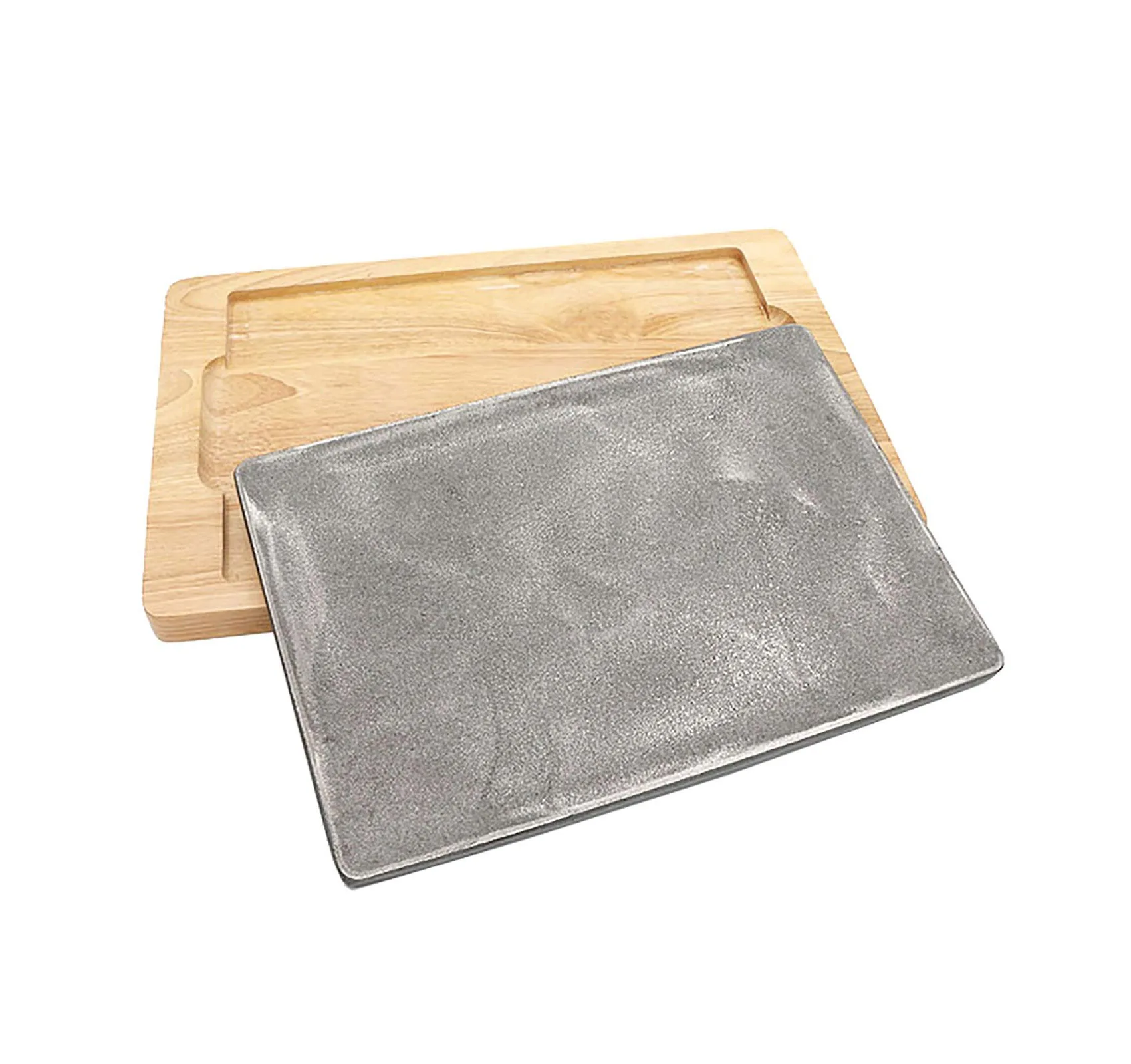 Teppanyaki Plate with Wooden Base Large Cast Iron Steak Plate Household Use Grill Cooking Platter Steak Pan Grill Server Plate