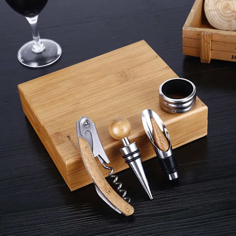 4 pcs Bar Tools Wine Bottle Corkscrew set Bamboo Wine Opener Set Gift Box in Bamboo Wooden Box