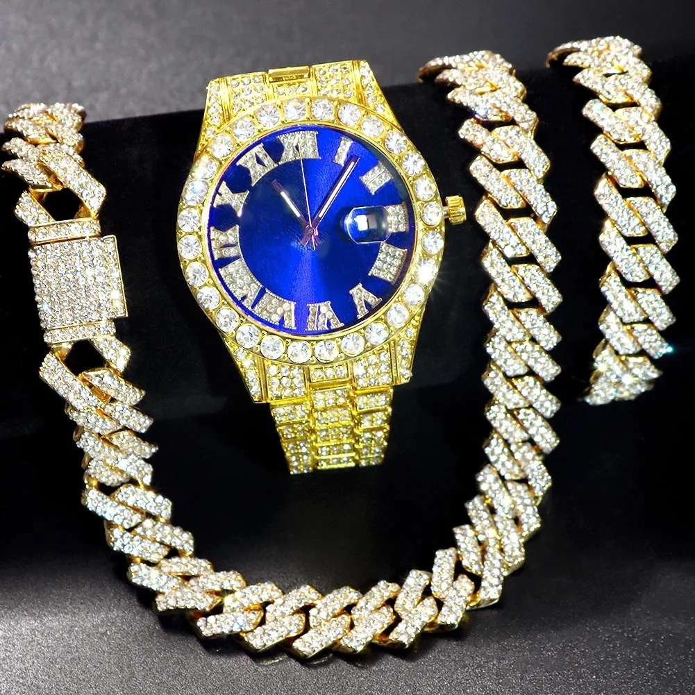 Hip Hop Watch+Bracelet+Necklace set Iced Out Watch For Men Cuban Chain Rapper Necklaces men watches Set Punk Party Jewelry Gift
