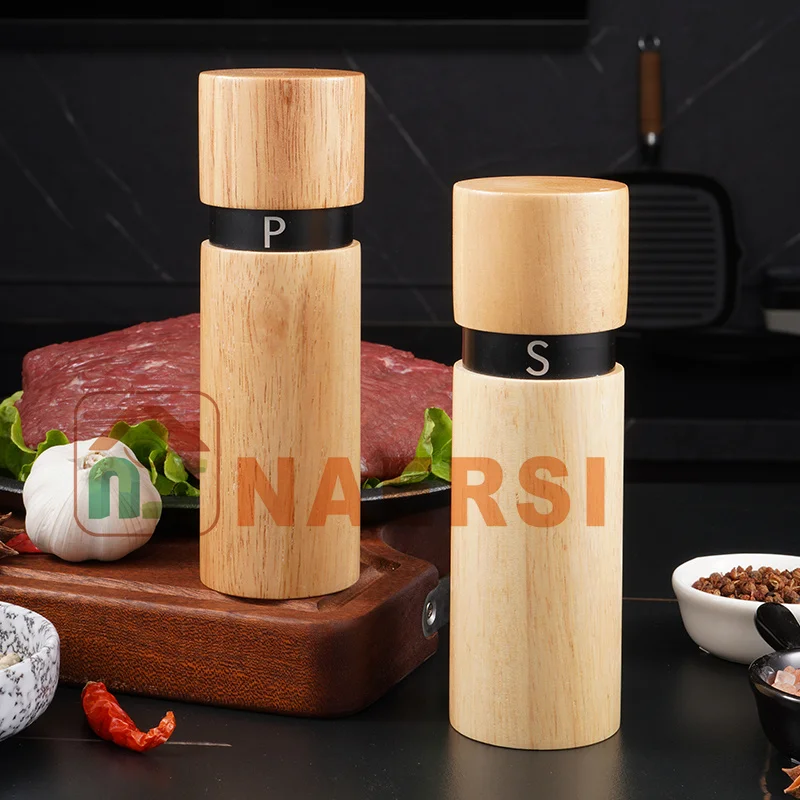 Factory Price cylinder seasoning bottle wood pepper grinders spice mill salt and pepper grinder set for kitchen