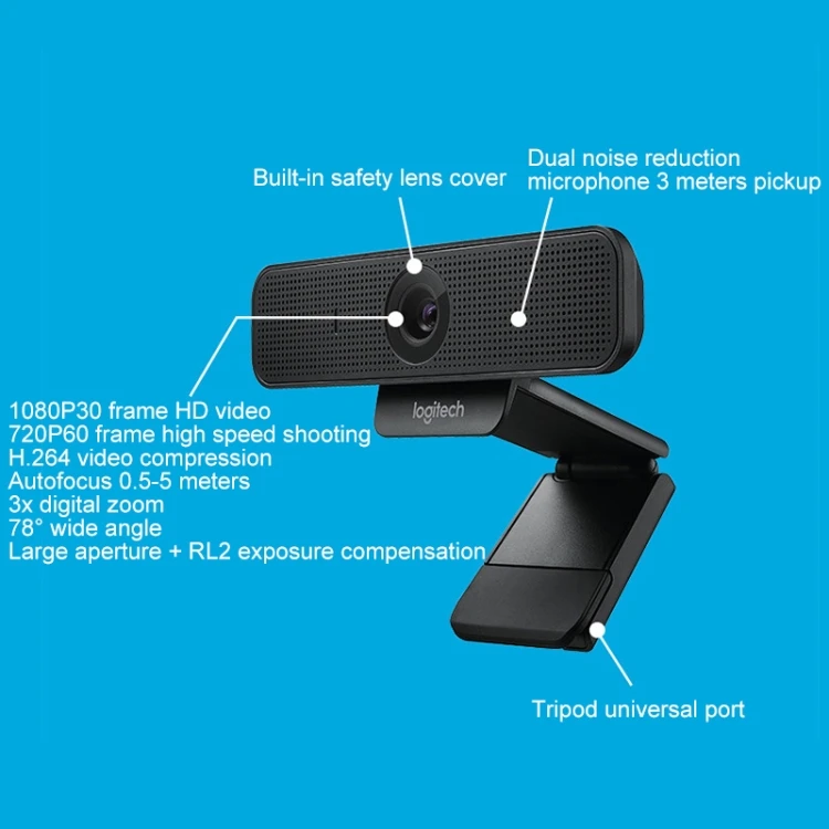  2 Omnidirectional Microphones Logitech C925E 1080p HD Webcam with Integrated Security