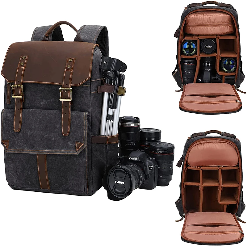 Large Capacity Padded Laptop Backpack Waxed Canvas Waterproof Dslr Backpack Camera Bags For Photography