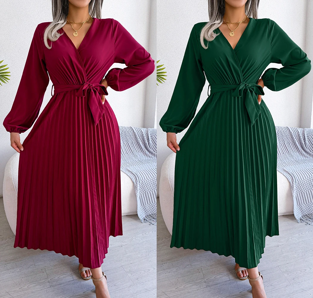 Casual Clothing Dress Winter and Autumn Women Lady Elegant Long Sleeve Belted Dresses