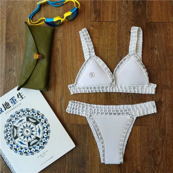 Woman White Crochet Neoprene Bikini Set Sexy Swimwear Bathing Suit New Swimsuit