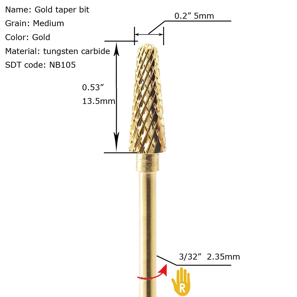 Gold taper shape rotary drill bit electric nail file and buffer for acrylic