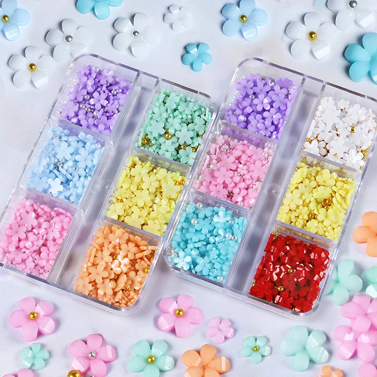 Exquisite Five Petal Flowers 6 Grid Boxed Size Mixed Resin Flower Nail Art Jewelry