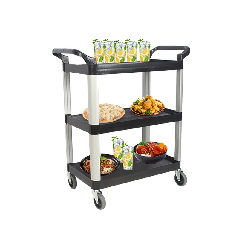 Hotel Kitchen Equipment Service Trolley With Door Plastic Dining Utility Cart 3 Layers Dish Collect Cart With Panel