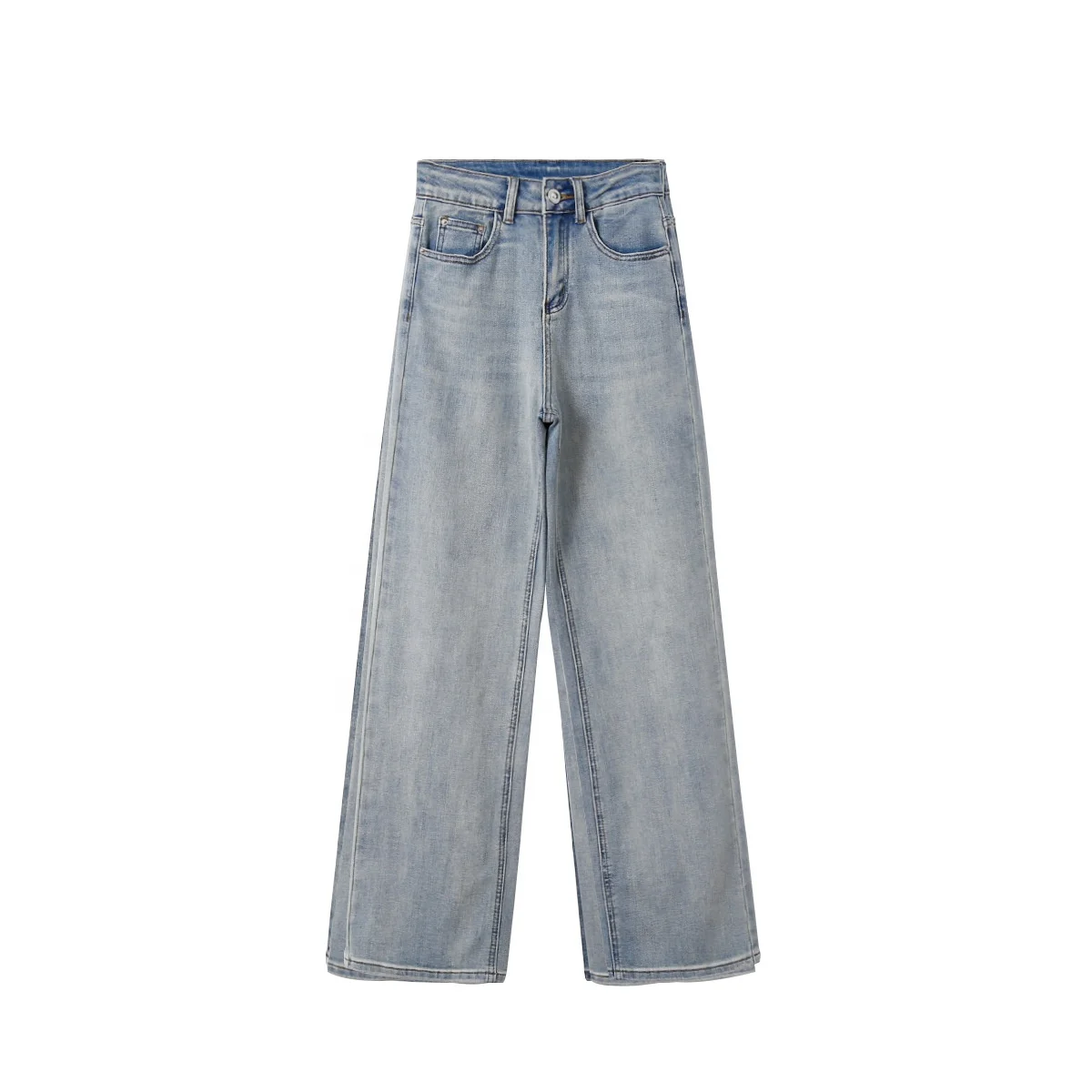 Custom Jeans Womens Light Blue Washed Straight Denim Pants High Quality Cotton Wide Leg High Waist Plus Size Women Jeans