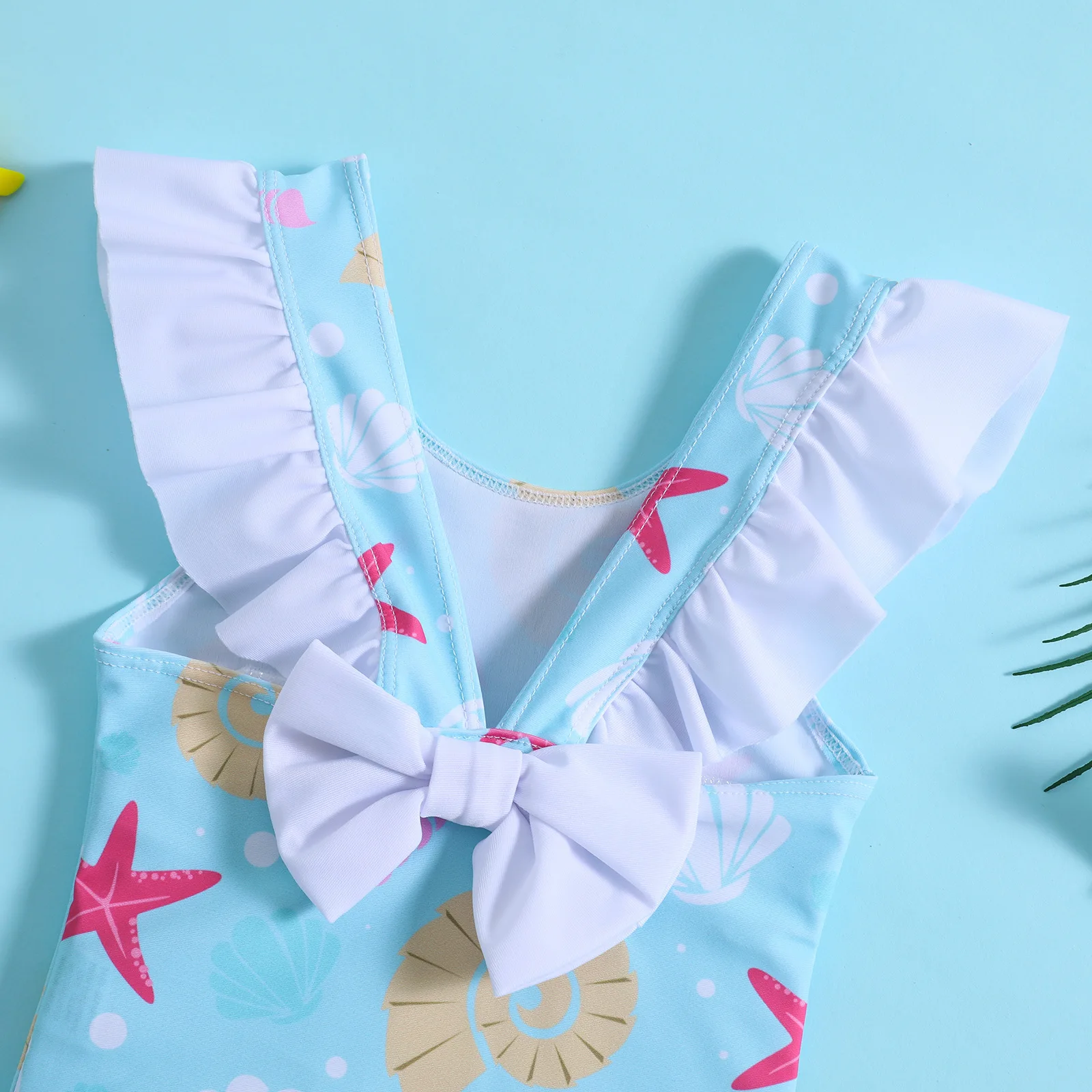 Wholesale Summer Girls Lotus Bow Small Flying Sleeves One-Piece Starfish Shell Printed Toddler Baby Swimsuit Beach Bathing Suit