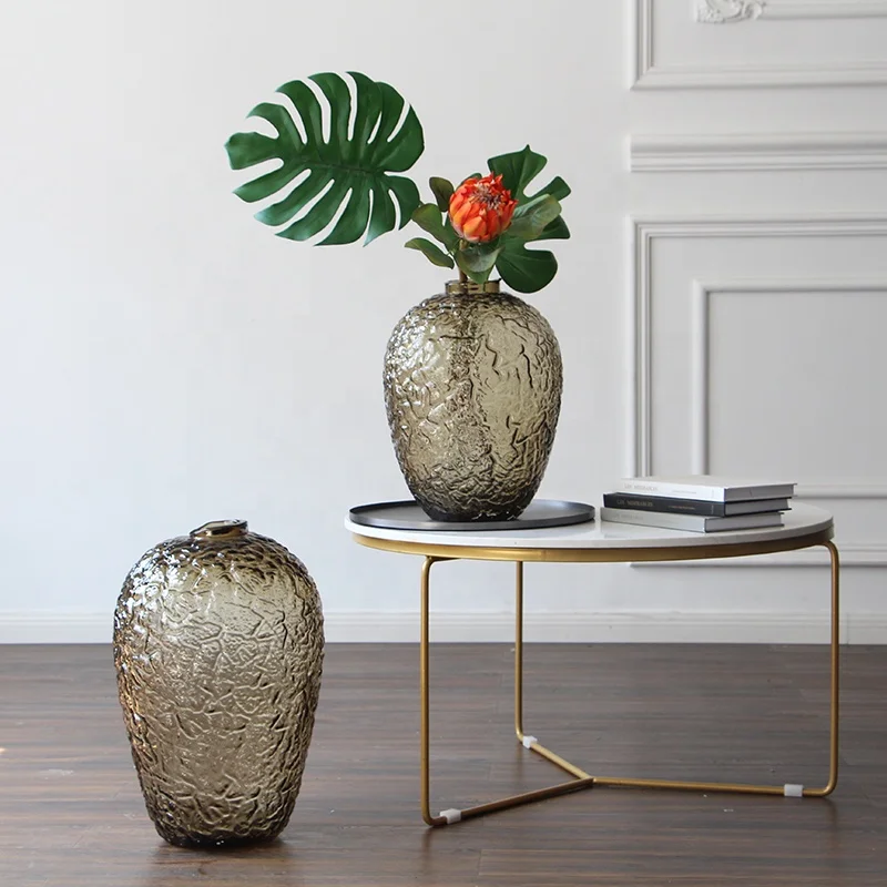 Bixuan Handmade Mouthblown Art Glass Vase Jar Shape Ice Cracked Design for Flower Branch Thick Heavy Large Tall Floor Glass Vase