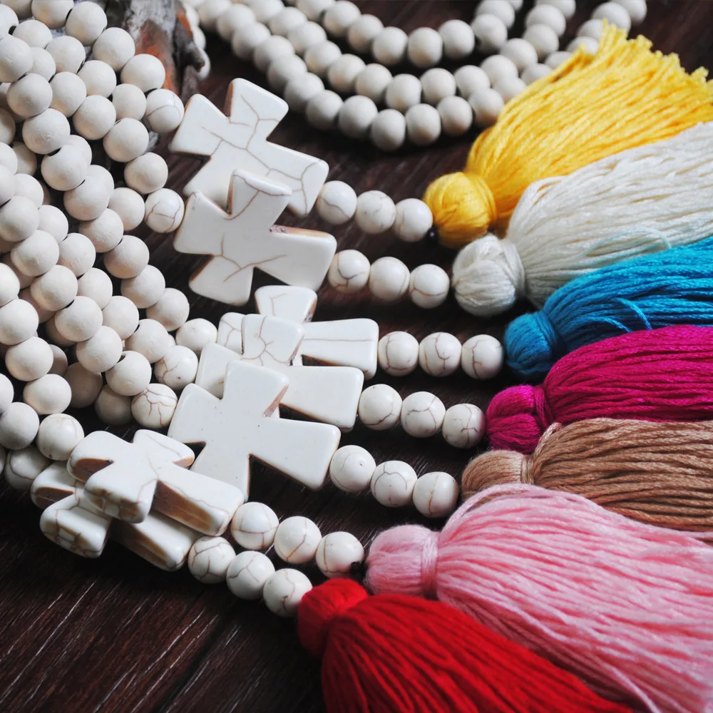 Bohemian Jewelry Handmade Tassel Wood Necklace Long Turquoise Cross Wooden Beaded Necklace For Women Gift