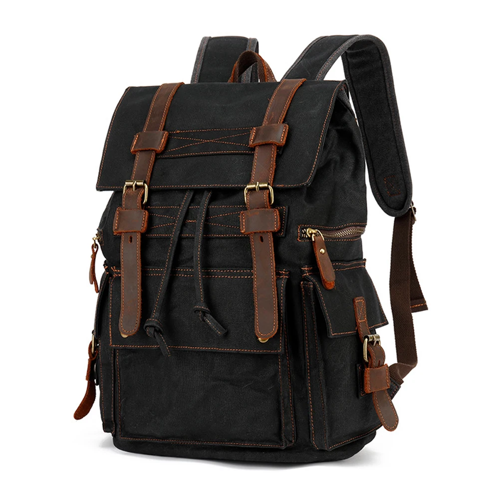 Customized Wholesale New Fashion Vintage Waterproof Genuine Leather Waxy Canvas Backpack Durable Portable Drawstring Rucksack