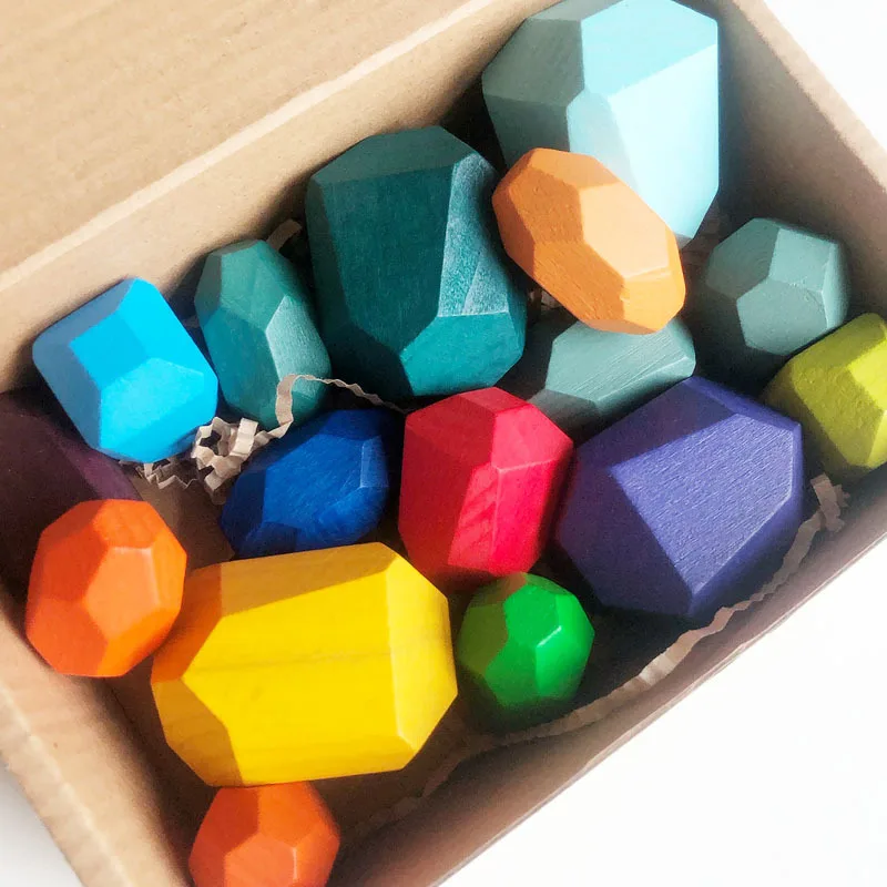 Wooden Rainbow Stacker Baby Colored Stones Manufacturers Custom Handmade Colorful Stone Blocks DIY Wooden Balance Blocks For Kid