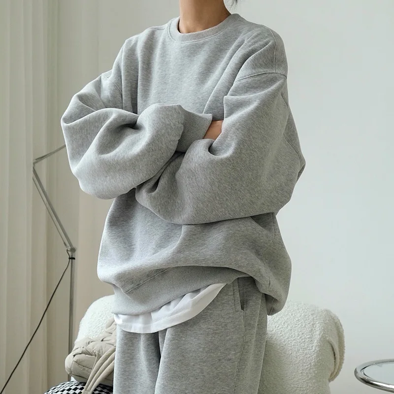 Autumn and winter new South Korea chic lazy simple plus fleece wool pullover hoodie design sense of loose top female thick