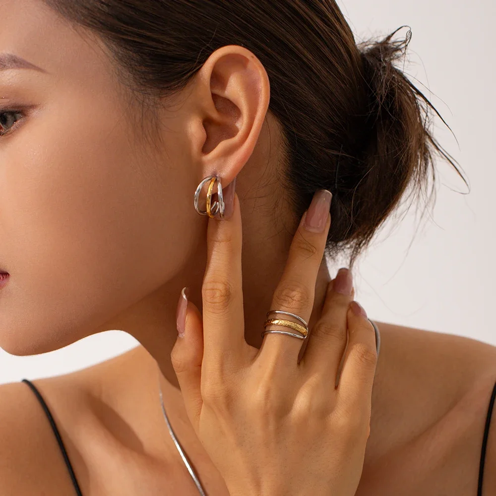 Factory Wholesale Jewelry Geometric 18K Gold Plated Silver Color Layered Earrings Stainless Steel Three Layer HoopTrendy Earring