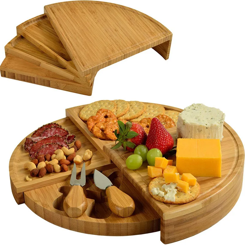 Unique Bamboo Cheese Board With  Cutlery Set Wooden Charcuterie Board Food Platter And Serving Tray Board