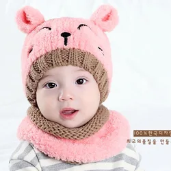 Корейские Мультяшные трендовые детские теплые шапки, шапки с котом, детские шерстяные шарфы, шапки, набор из двух предметов, Детские осенне-зимние шапки с ушками