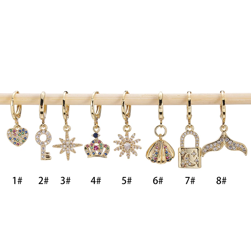 YW Saudi Heart Crown Key Sun Gold Huggie Earrings With Zircon Designs Jewelry Models For Woman