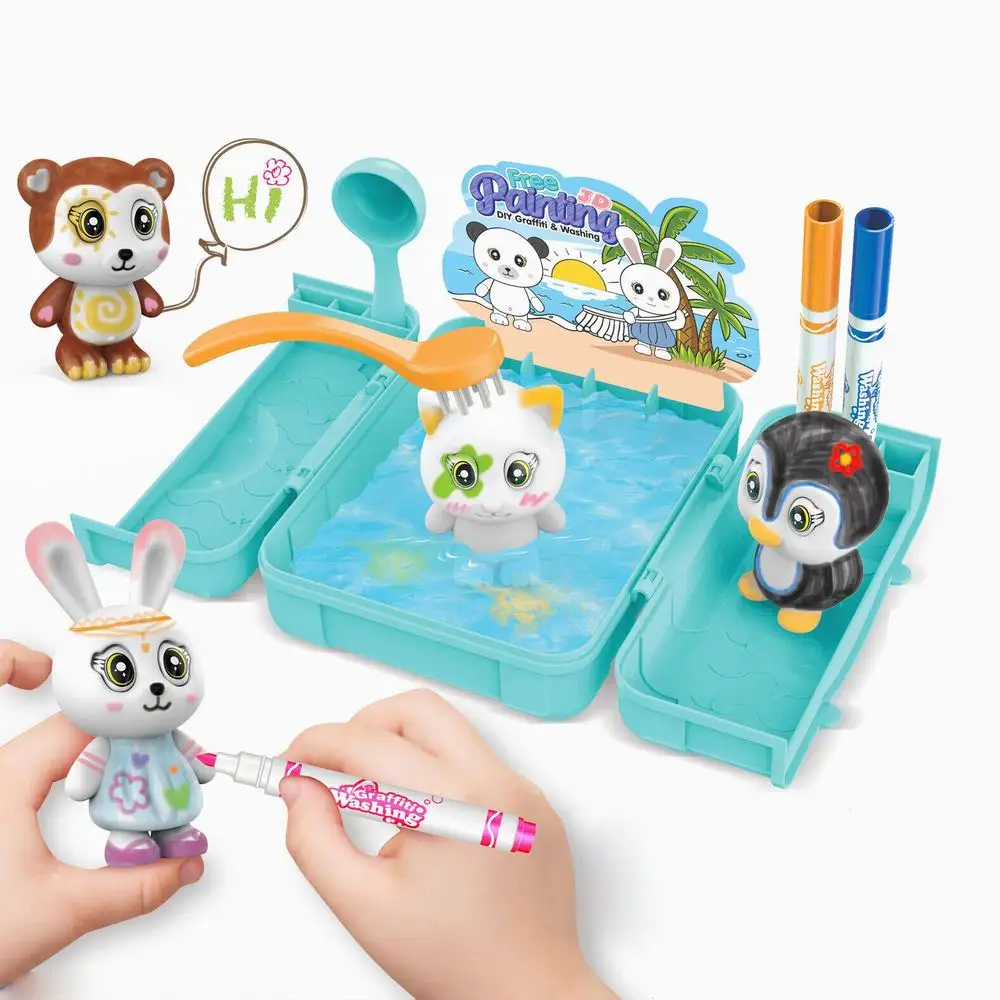 Hot flocking material diy drawing animal washable paint 3D toy doll graffiti& washing set dinosaur bathtub painting pen toys diy