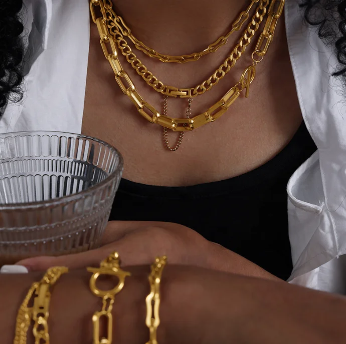 Hip Hop Fashion Thick Link Chain Necklace Bracelets Women 18K Gold Silver Minimalist Chunky Bold Cuban Chain Necklace Set