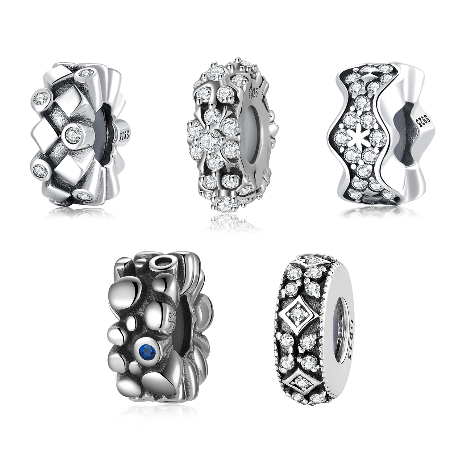 Real 925 Sterling Silver Winter Charming Snowflake shining Clear CZ Spacer Stopper Beads Charms for Bracelet making Wholesale