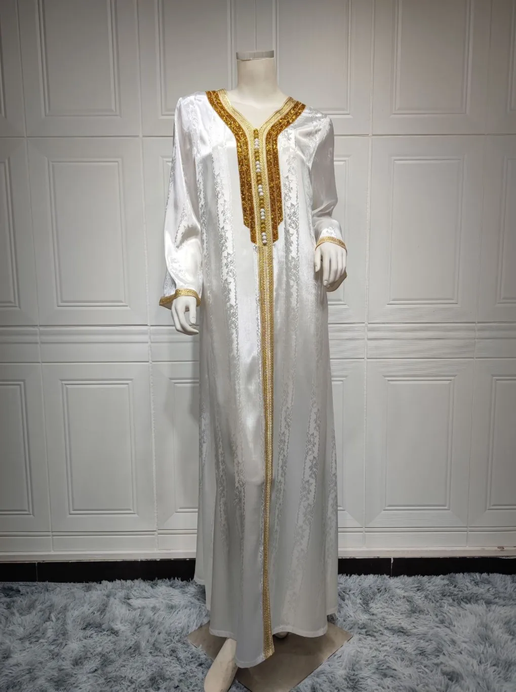 New arrival Arabic women clothes Turkey Dubai lady white 2 pieces set diamond jacquard loose dress abaya Muslim clothing
