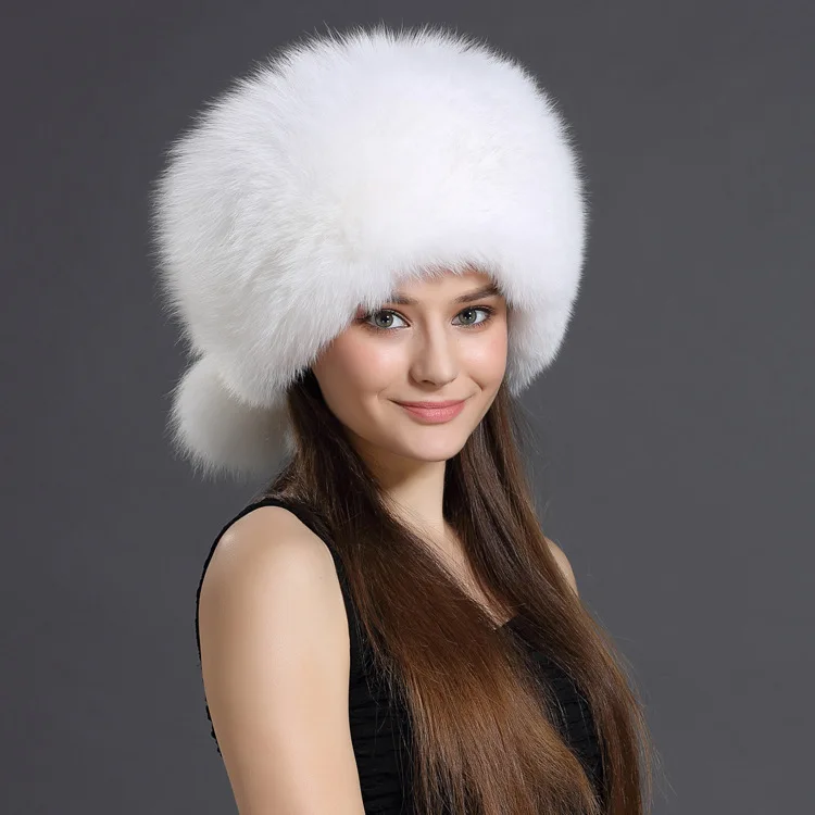 Russia Style Genuine Whole Silver Fox Fur Hat Women Classic Vintage Fluffy Trapper Bomber Hats Winter Men