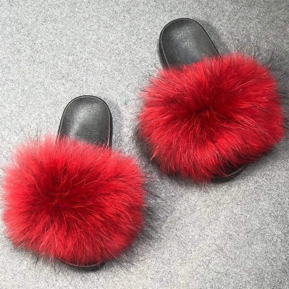 
Drop Shipping Services Fashion Flat Raccon Fur Slippers Open Toe Furry Fox Fur Slides 