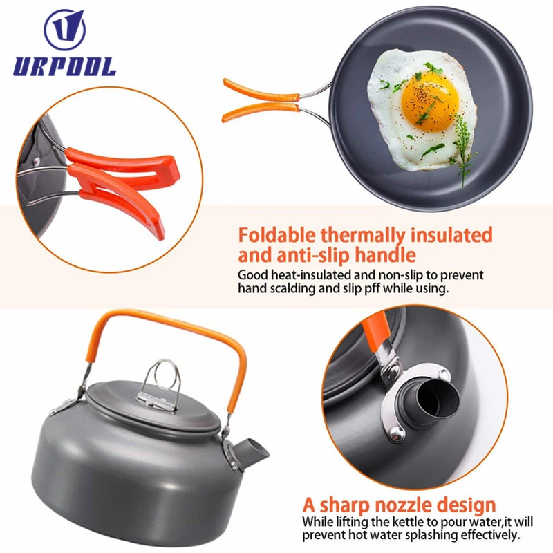 Camping Cookware Mess Kit Non-Stick Pot and Pan Set with Kettle Lightweight outdoor folding cookware for Cooking Picnic