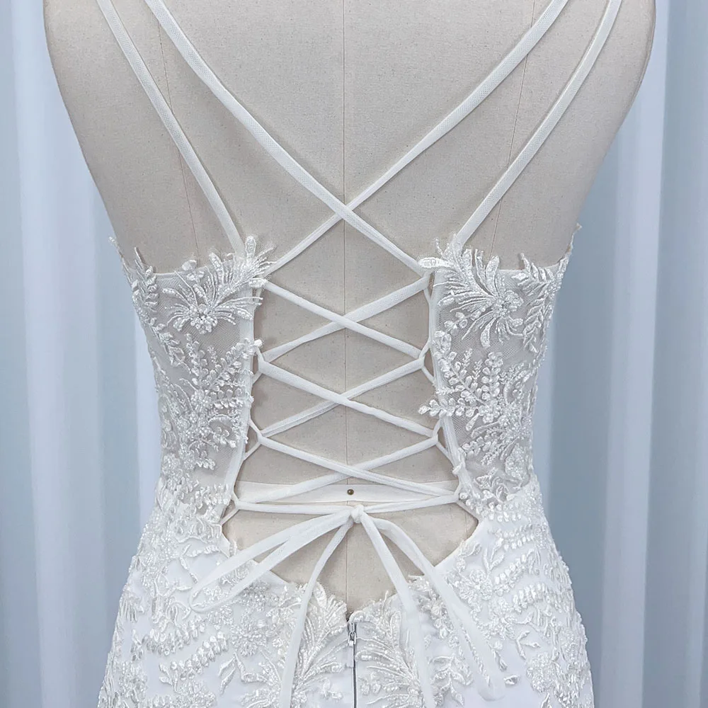 Spaghetti Strap Sheath Wedding Dress Appliqued Pearl Beaded Low Back Crepe Bridal Gown Hx03