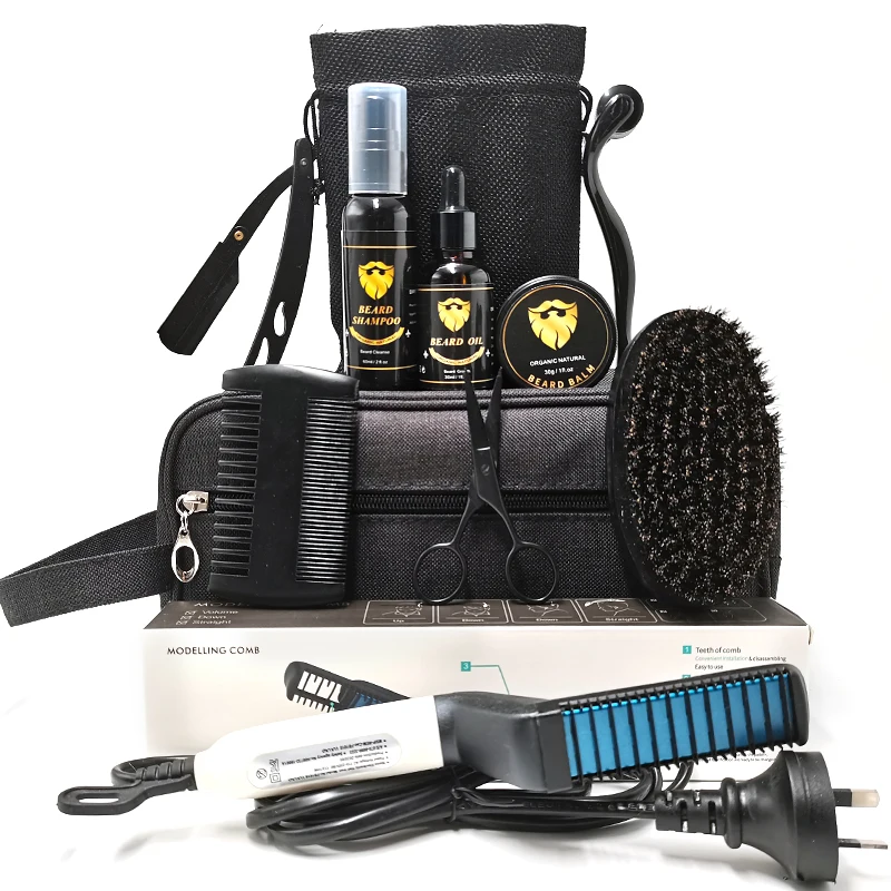Custom Logo Beard Oil Balm Wash Brush Comb Scissors Mens Beard Grooming Kit