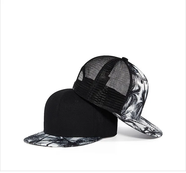 Flat Brim Palm Tree Print Fashion Snapback Cap 6 Panel Polyester Hip Hop Hat