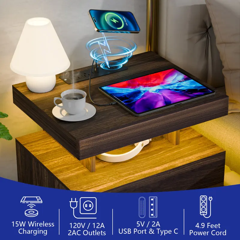 Kainice smart futuristic nightstand side table with wireless charging night stand set of 2 with light modern