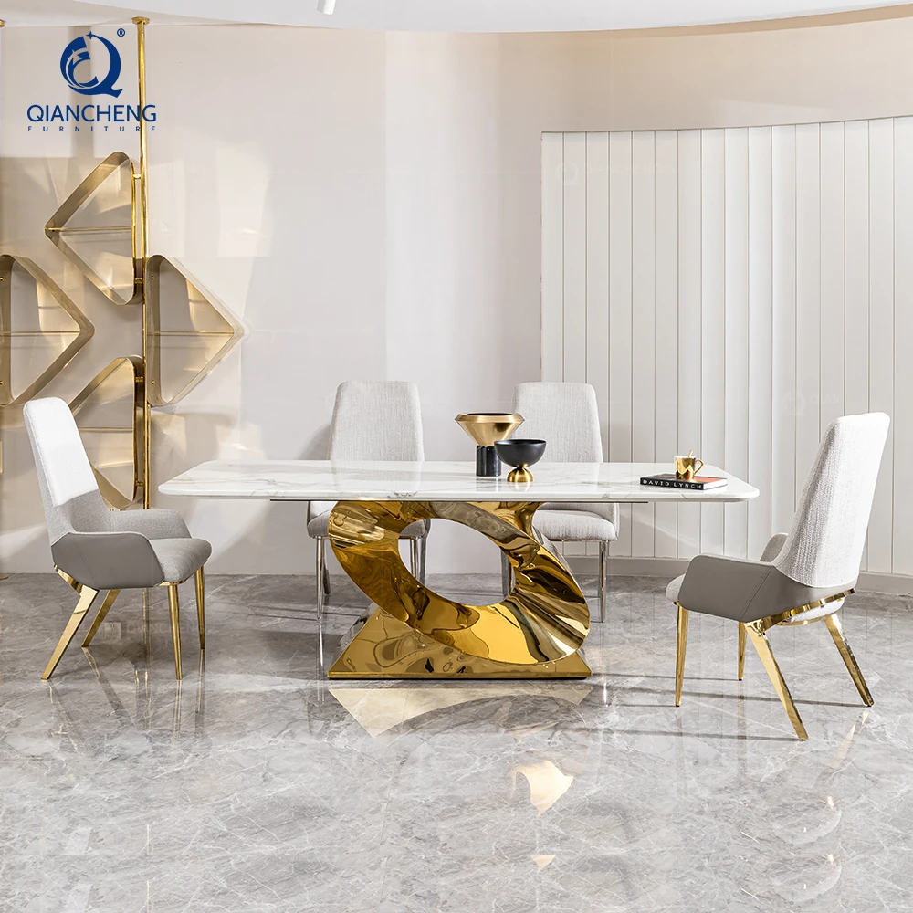 QIANCHENG latest design modern european style dinning tables wholesale price fancy real natural stone dining table set