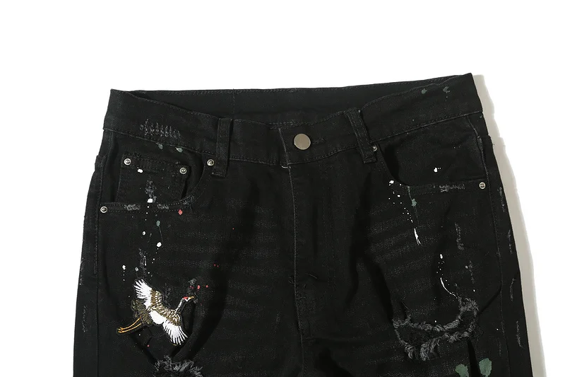 
OEM wholesale new model jeans men skinny ripped blue denim embroidery track jeans 