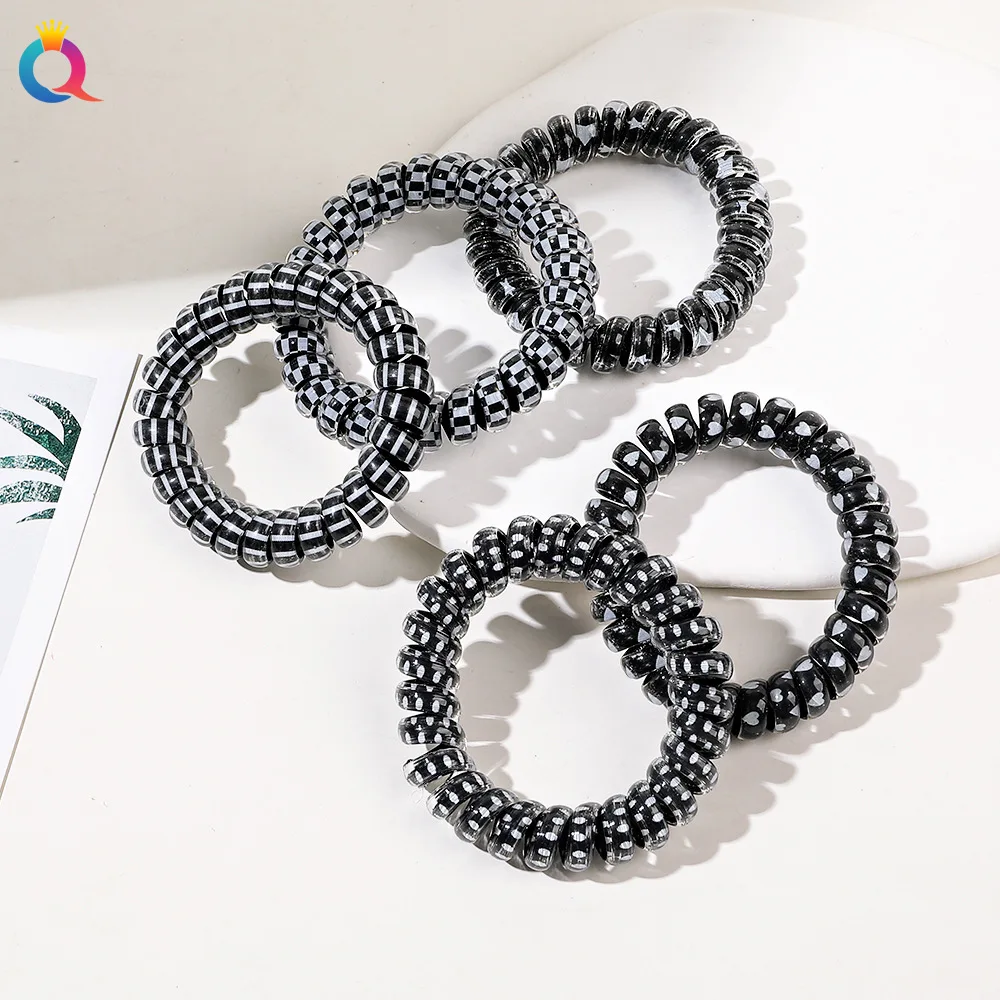 QIYUE black white spiral elastic hair tie telephone wire hair ring band ponytail holder