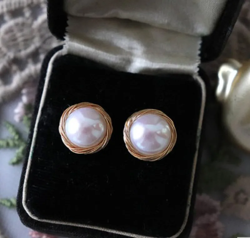Gold 12-14 mm AAA baroque coin flat freshwater cultured pearl design earrings