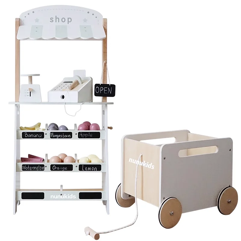 wooden Kids Supermarket Set Role Play Superstore Shop Toys Children  Working Scanner, Shopping Cart and Accessories Included